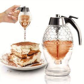 1pc Honey Dispenser; No Drip Maple Syrup Dispenser; Honey Comb Shaped Honey Pot; Honey Jar With Storage Stand; 8oz Capacity - Transparent