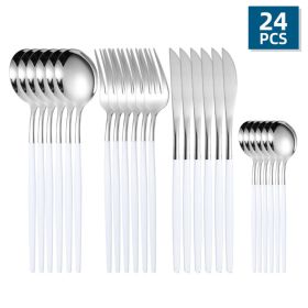 24pcs/Set Stainless Steel Cutlery; Portuguese Cutlery Spoon; Western Cutlery Set - Silver + White