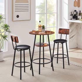 Round bar stool set with shelf, upholstered stool with backrest, Rustic Brown, 23.62'' W x 23.62'' D x 35.43'' H - as Pic