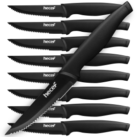 Hecef Black Oxide Steak Knife Set of 8, Ultra-Sharp High Carbon Stainless Steel Serrated Knives with PP Handle - Visit the Hecef Store