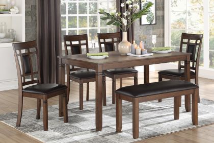 Classic Cherry Finish 6pc Dinng Set Table Bench 4x Chairs Faux Leather Upholstery Kitchen Dining Furniture - as Pic