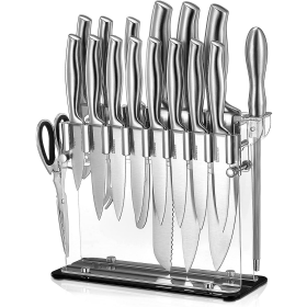 Stainless Steel Knife Set, 17 Pieces Kitchen Knife Set, Super Sharp Chef Knife Set with Acrylic Stand and Serrated Steak Knives - D.Perlla