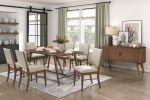 Modern Design 7pc Dining Set Table and 6x Side Chairs Fabric Upholstered Seat Back Brown Finish Wooden Dining Kitchen Furniture - as Pic