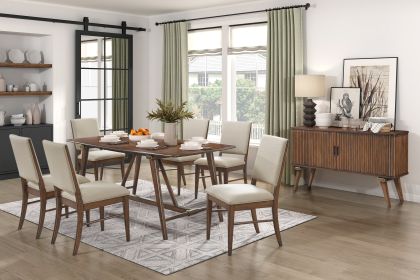 Modern Design 7pc Dining Set Table and 6x Side Chairs Fabric Upholstered Seat Back Brown Finish Wooden Dining Kitchen Furniture - as Pic