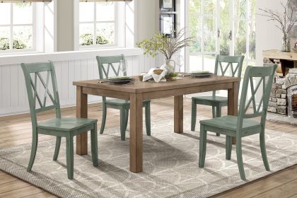 5pc Dining Set Natural Finish Table and 4x Side Chairs Teal Finish Wooden Kitchen Dining Room Furniture - as Pic