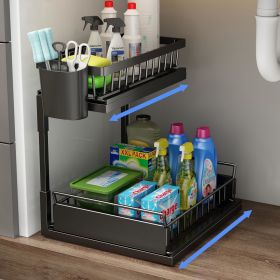 Double Sliding Metal Under Sink Organizer L Shape  - BLACK