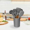 11Pcs Silicone Cooking Utensil Set Heat Resist Wooden Handle Silicone Spatula Turner Ladle Spaghetti Server Tongs - Grey